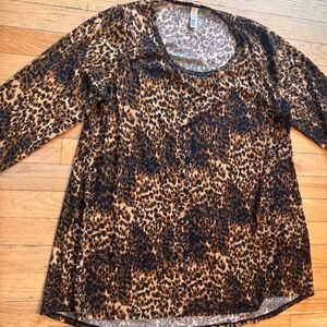 LuLaRoe Perfect T Leopard Print Tunic Top Brown Black 2XL Scoop Neck 3/4‎ Sleeve